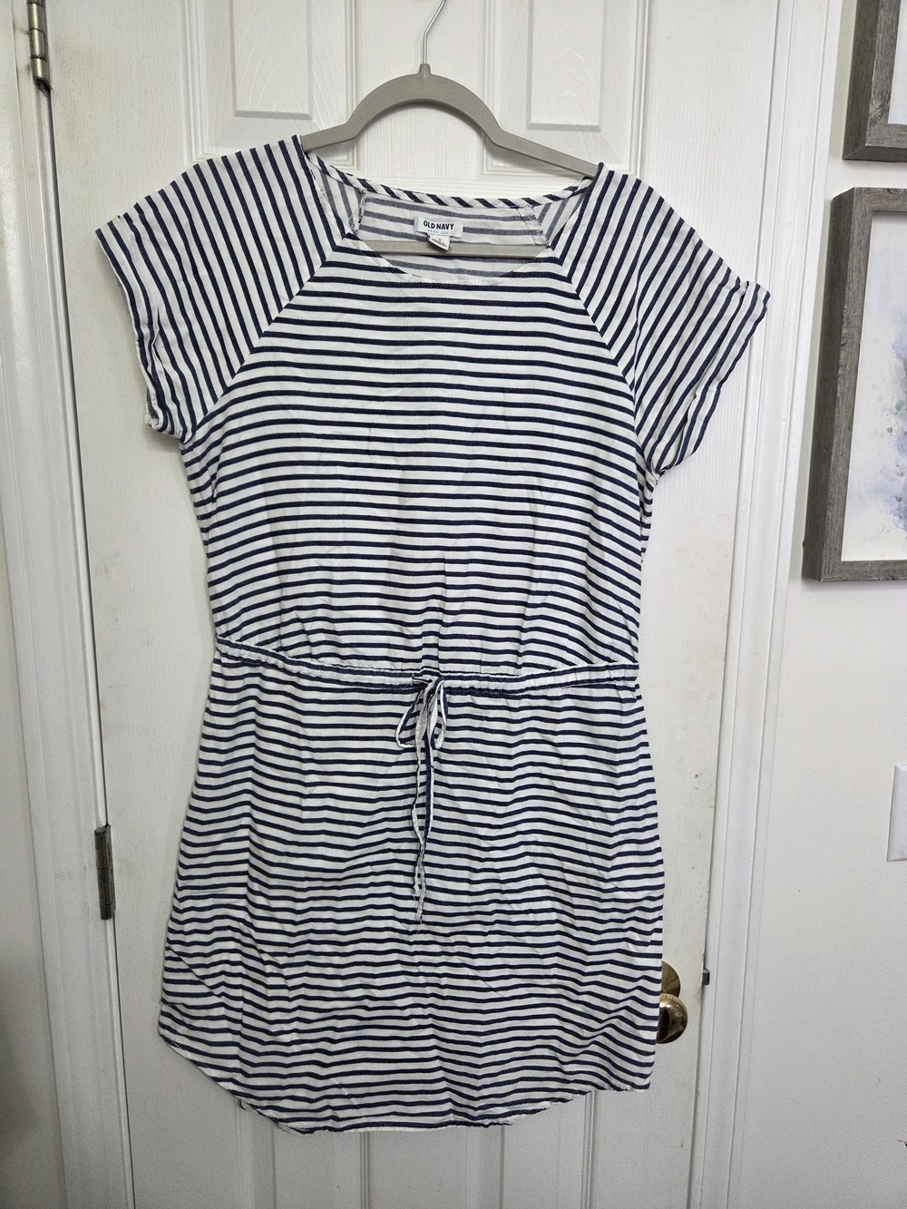 Old Navy Navy and White Striped Drawstring Casual Dress